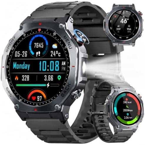 Reloj Inteligente Hombre Militar con GPS y Linterna LED, 5ATM Smartwatch con Brújula llamadas Bluetooth Pulsómetro Oxímetro Sueño, 1.43"AMOLED Reloj Deportivo con 160+Modos Deportivos para IOS Android