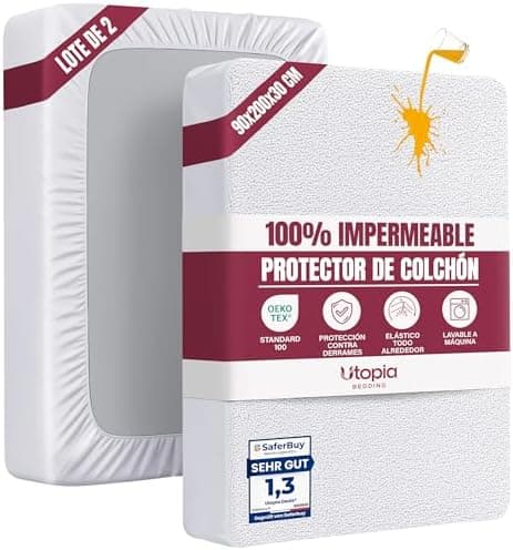 Utopia Bedding Protector Colchón 90 x 200 x 30 cm Impermeable (Paquete de 2), Certificación Oeko-Tex Funda Colchón, Cubre Colchón Transpirable, Elástico En Todo El Contorno