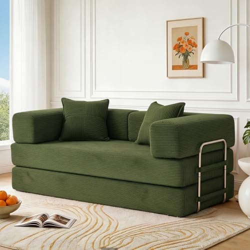 Vipbear 160cm Sofá Cama, Modular Desmontable Plegable 5 en 1,Confeccionado en Pana, Sofá Cama 2 Plazas Ideal para Espacios Reducidos, Verde | Sin huesos