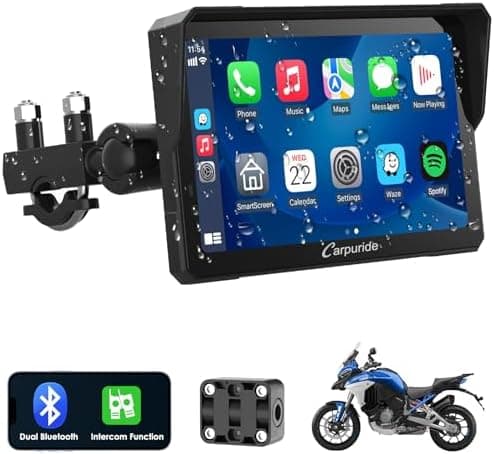 Carpuride W702 Pro Motocicleta Pantalla Carplay con Intercomunicador Función, Inalámbrico CarPlay y Android Auto, Portátil 7 Pulgadas Impermeable Pantalla Táctil, Dual Bluetooth, Navegación, Brújula.