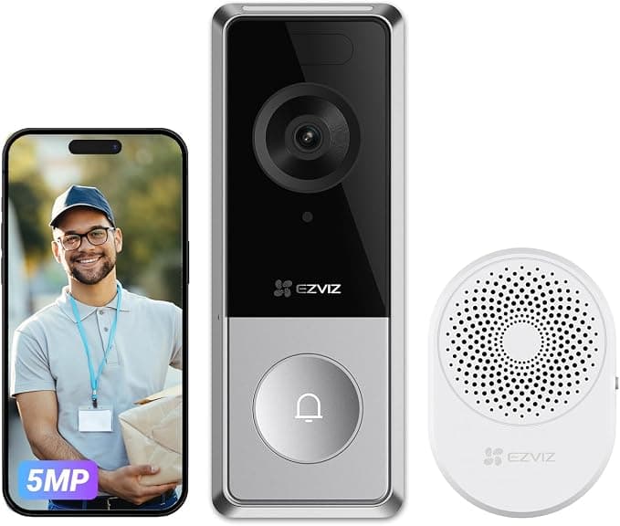 EZVIZ CP8 Timbre Inalámbrico Exterior con Cámara 5MP, Chime Incluido, Detección de Personas, Visión Nocturna Color, Batería Recargable 9600 mAh, Audio Bidireccional, MicroSD/Nube, Wi-Fi 6 (2.4 GHz)