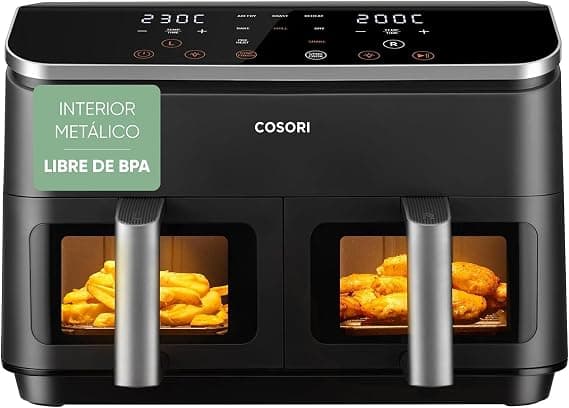 Cosori Freidora de Aire Grande con Doble Cesta 8,5L Air Fryer, Alta Pontencia y Velocidad, Max 8-10 Personas, 10 Funciones, Acero Inox Interior con Fianza, Más Sano, Panel Táctil Intuitivo, Limpiable