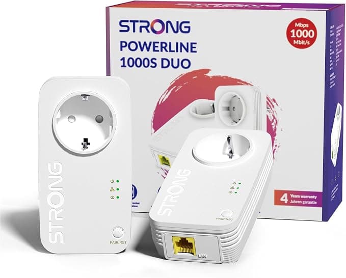 Strong AV1000 Adaptador Powerline con Enchufe, Repetidor Ethernet PLC HomePlug AV2, Sin WiFi, Puertos Gigabit, Enchufe Integrado, Plug & Play, Internet por Red Electrica (PL1000S)