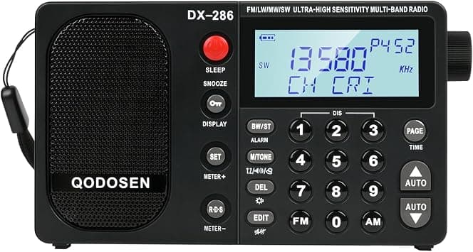 QODOSEN DX-286 Radio portátil de Onda Corta FM estéreo/Am/LW/SW Radio ultrasensible de Banda Completa con chipset TEF6686, Pantalla LCD, función de Alarma RDS y batería Recargable 18650 (Negro)