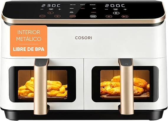 Cosori Grande Freidora de Aire-True Metal-8,5 Litro Doble Cesta Air Fryer-Alta Potencia y 55 % Eficiencia Energética-Temperadura Dual（35-230℃）-10 Modos-Panel Táctil Multifunción-Máx 10 Personas-Blanca