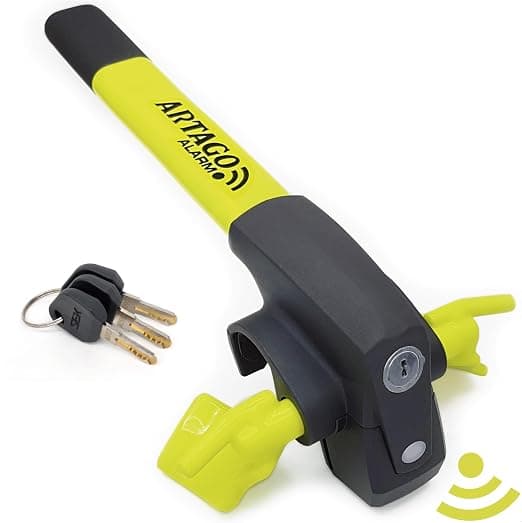ARTAGO 870 Antirrobo Coche Alta Gama, Barra Antirrobo 2en1 | Alarma Inteligente, 120dB, LED Oscuridad, Warning Disuasorio | Bloqueo Volante Más Seguro Alrededor de un Radio, Mejor Cepo Coche SUV Auto