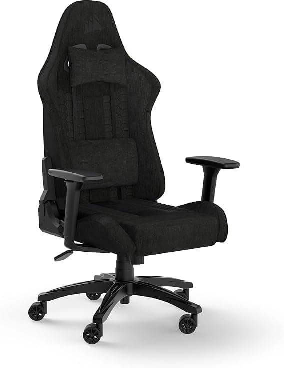 Corsair TC100 Relaxed Silla para Juegos - Negro | Fabric, Diseño Inspirado en Las Carreras, Cojín lumbar, Almohada Cervical Extraíble de Espuma Viscoelástica