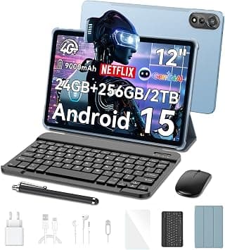 Blackview Mega 2 Tab 12 Pulgadas Tablet Android 15 Dual 4G LTE y 5G WiFi,24GB RAM+256GB ROM/2TB TF,Cámaras IA,9000 mAh,Widevine L1/GPS/WPS/PC Tableta con Teclado,Ratón,Funda Protectora,Lápiz Óptico