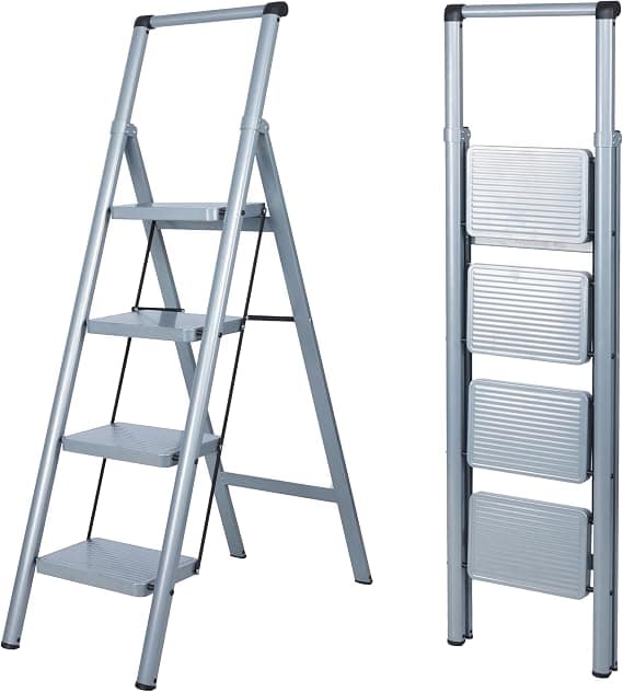 UZIRO Escalera Plegable 4 Peldaños, Liviana y Compacta, Diseño Decorativo, Peldaños Anchos Antideslizantes, Ideal para Uso en Hogar, Cocina y Oficina, Fácil de Guardar