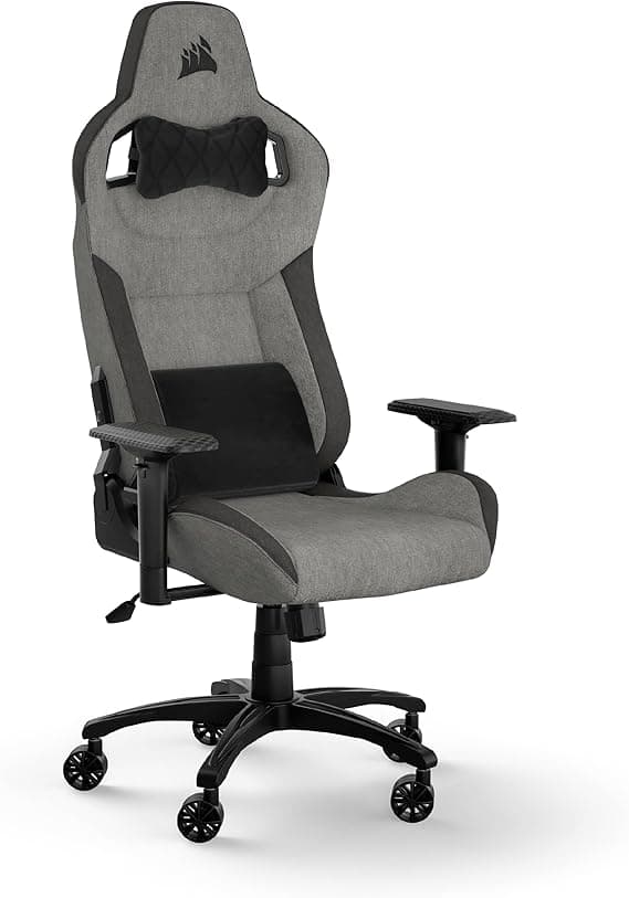 Corsair T3 Rush Fabric Silla para Juegos (2023) – Gris y Carbón | Diseño Inspirado en Las Carreras, Almohada Cervical Acolchada y Soporte Lumbar de Espuma Viscoelástica