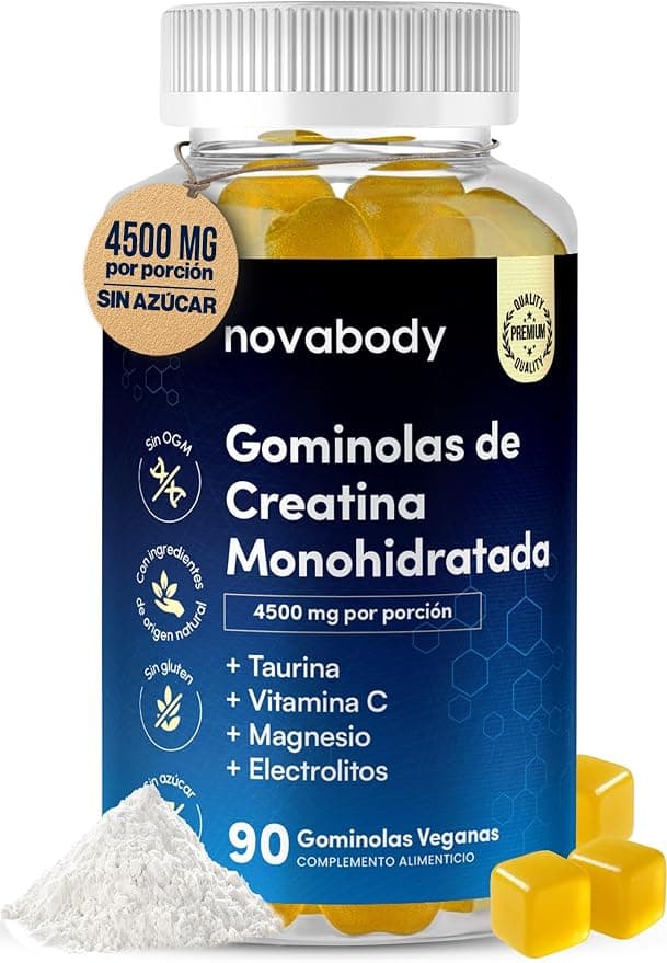 Gominolas de Creatina Monohidrato 4500 mg – Con Taurina, Magnesio y Vitamina C – Sin Azúcar y Veganas – Mejora la Fuerza, Energía, Recuperación y Rendimiento Muscular - 90 Gummies