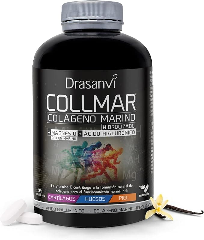 Drasanvi COLLMAR Colágeno Marino Hidrolizado con Ácido Hialurónico, Magnesio, Vitamina C natural | para cartílagos, huesos y piel | Alta dosis 3.900 mg/día | 180 comp = 30 días | Sabor vainilla