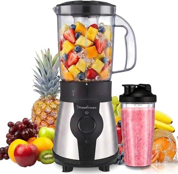 Moulinex Blend & Go, Batidora de vaso de 300 W, Jarra de 1,3 L, Compacta, 4 cuchillas extraíbles, Acabado acero inoxidable, Piezas aptas para lavavajillas, Botella de plástico de 750 ml, LM1B1D10