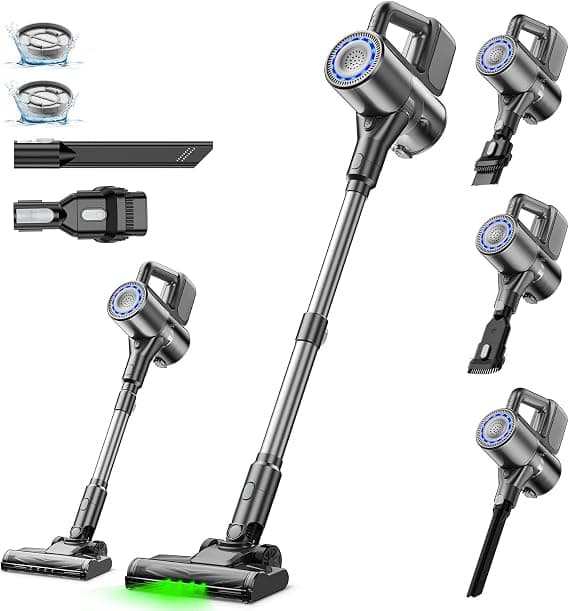 Aspiradora Escoba sin Cable, Aspira y Friega 2 en 1, Fregasuelos sin Cable Aspiradora Inalámbrica de Mano Ligera con luz LED Verde, aspiradora de Escoba Apta para Pelo de Mascotas/Suelos Duros