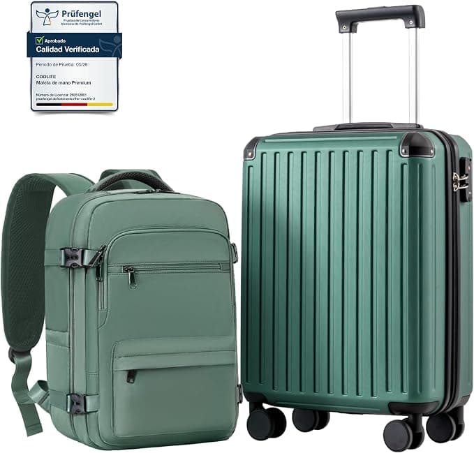 COOLIFE Maleta de cabina 55 x 40 x 20 cm para avión Ryanair, equipaje de mano, equipaje de cabina, maletín rígido con cerradura TSA y 4 ruedas gemelas (Verde Oscuro, 55 x 40 x 20 cm - Set de 2 piezas)