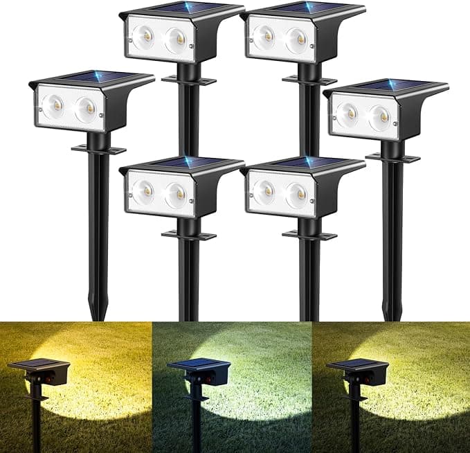btfarm 6 Piezas Luces Solares LED Exterior Jardin, Focos Led Exterior Solares 3 Temperaturas de Color, Impermeable IP65 Luz Solar Potente para Suelo,Patio,Piscina,Calzada,Terraza,Césped