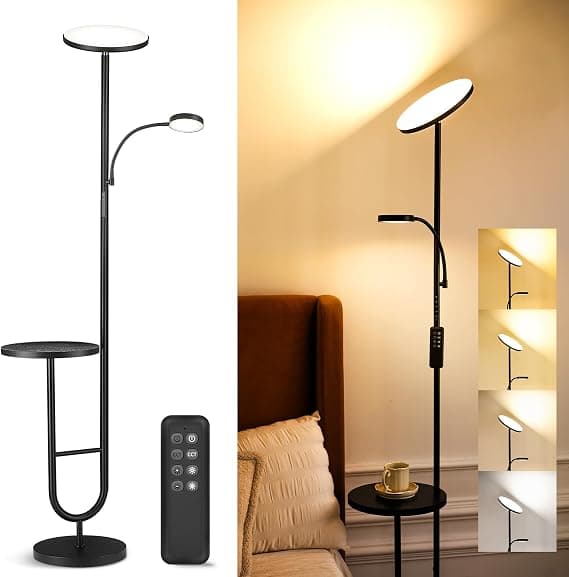 LuminexDesigns Lámpara de Pie LED con Mesa, 36W+7W Regulable 3200LM+600LM con Mando, Cabezal Giratorio 350°, 2700K-6500K, Lámpara Moderna para Salón Negra