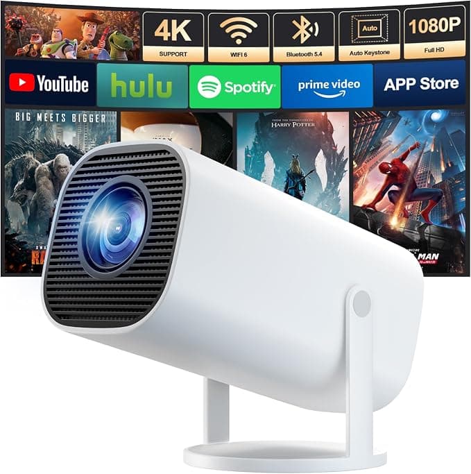 Proyector Portátil con WiFi 6 y Bluetooth 5.4, Mini Proyector 4K 1080P Full HD Soporte, Corrección Trapezoidal Automática, Rotación de 180°, Compatible con HDMI/TV Stick/PC/Memory Stick
