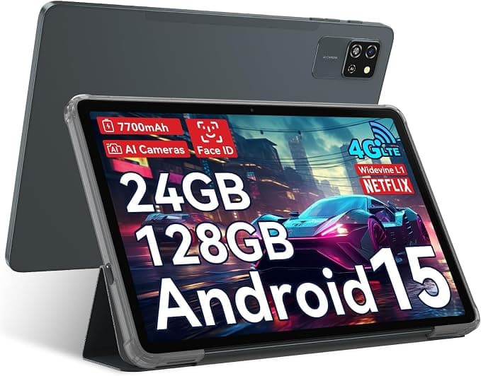 Blackview Android 15 Tablet 10 Pulgadas 24GB RAM & 128GB ROM/2TB TF, Tab 60 Pro PC Tablet, 4G LTE & 5G Wi-Fi, Dual AI Cámara, Widevine L1, Octa-Core, Face ID, 7700mAh/GPS/WPS Suite