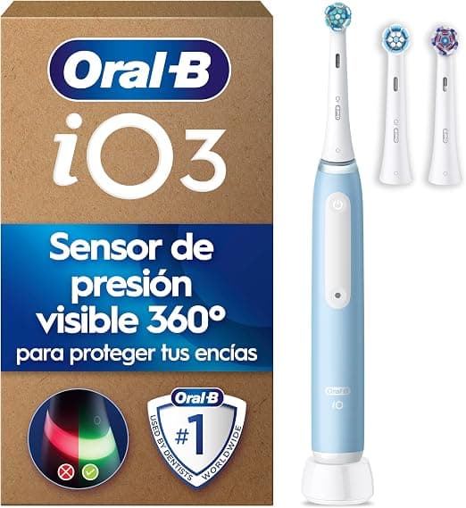 Oral-B iO 3 Cepillo De Dientes Eléctrico con 3 Cabezales, Azul - Mango Recargable, 3 Modos de Cepillado con Blanqueamiento Dental, Sensor de Presión, Regalos Originales para Mujer y Hombre