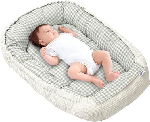 Medi Partners Nido Bebe Recien Nacido Reductor de Cuna - 100x60x15 Portátil o de Viaje de Colecho anticolicos Bilateral Bebés 100% Algodón Gofre (Cuadros con Oliva Gofre)