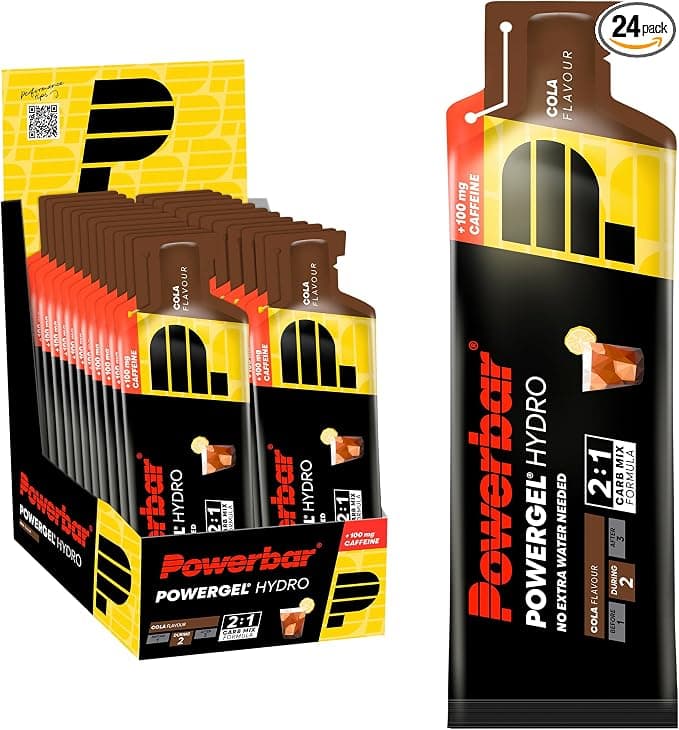 Powerbar - PowerGel Hydro - Cola - 24x67ml - Gel energético alto en carbohidratos - Sodio - 100mg de cafeína