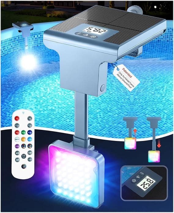 DeeprBlu 2 en 1 Luces Piscina Solares para Piscinas Elevadas con Estructura Metálica, Termómetro Piscinas con Pantalla Retroiluminada, Alta Luminosidad Luces Piscina Sumergibles con Control Remoto