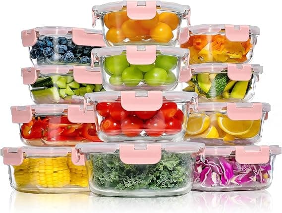 YASHE 12 Piezas Recipientes de Vidrio con Tapas Herméticas, Reutilizables, Apto para Microondas, Horno, Congelador y Lavavajillas, Sin BPA, Fiambrera Cristal, Rosa