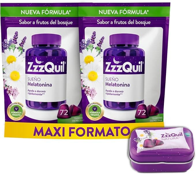 ZzzQuil Sueño, Gummies de Melatonina para Dormir, Ayuda a Dormir Rápidamente*, Sabor Frutos del Bosque, Fórmula Vegana, 2x72 Gummies y Cajita de Viaje