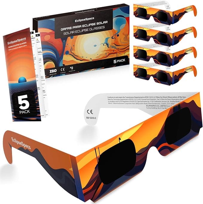 Paquete de 3/5/10/25 Gafas Eclipse Solar Homologadas ISO 12312-2 & Certificación CE - Seguras para la observación directa - Gafas para ver eclipses solares - AAS Lista