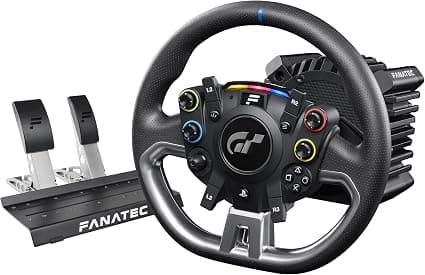 Fanatec CSL Elite Volante de Carreras, Base y Pedales Licencia Oficial Gran Turismo DD Pro Playstation – Volante Polyphony Digital, FluxBarrier Direct Drive, Juego de dos Pedales para PC, PS5, PS4