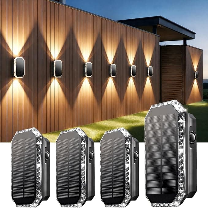 SUNNMO Aplique Solar Exterior Pared, 4 Piezas Luces Solares Exterior Arriba y Abajo, Lamparas Solares 3 Colores Luz Calida Blanca, IP65 Impermeable Luz Solar Pared Patio Jardin Muro, 3000K/4000K/6500K