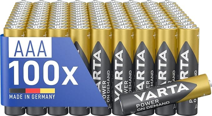 VARTA Pilas AAA, paquete de 100, Power on Demand, Alcalinas, 1,5V, para accesorios de ordenador, dispositivos Smart Home, linternas, Made in Germany