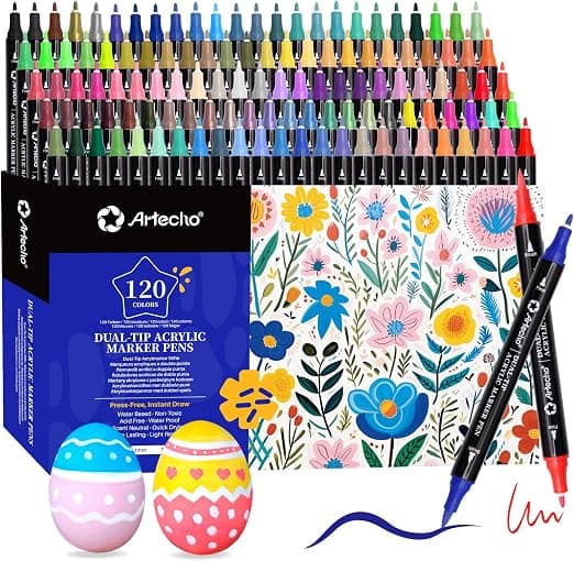 Artecho Lápices acrílicos de 120 colores, 0,5 – 5 mm, resistente al agua, doble punta (pincel y punta fina), con extremos dobles para pintura de roca, papel, madera, huevo, lienzo
