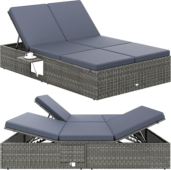 CASARIA® Tumbona Doble Jardín 200x115cm 2 Mesas Plegable Cojín Poliratán Resistente Intemperie 7 Posiciones Gris Antracita