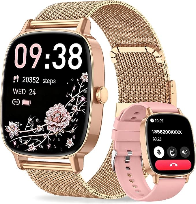 Reloj Inteligente Mujer con Llamadas Bluetooth y WhatsApp, Smartwatch Mujer Elegante con 2 Correas, Pantalla HD 1,85", Frecuencia Cardíaca, Sueño, SpO2, 120+ Deportes, IP68, Compatible Android iOS