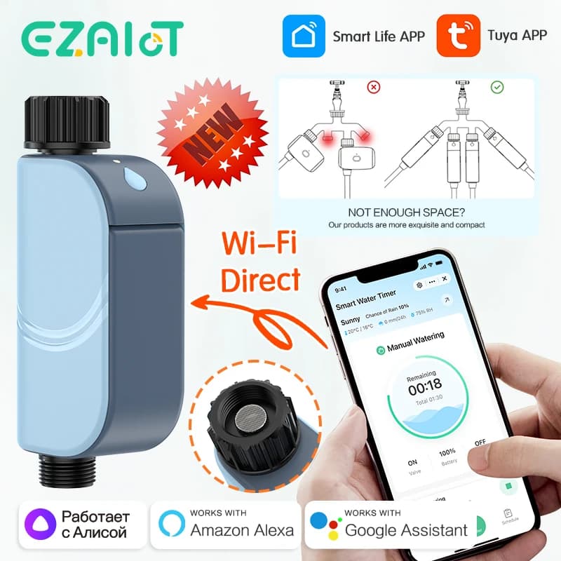 Temporizador de riego de jardín WIFI inteligente, aspersor automático Tuya, sistema de riego por goteo remoto, válvula controladora de agua para exteriores, Goole Hom
