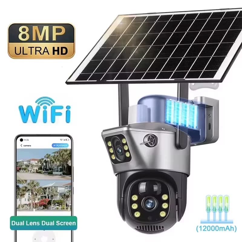 Cámara Solar de doble pantalla 4K y 8MP para exteriores, inalámbrica, WiFi, PTZ, lente Dual, protección de seguridad, seguimiento automático, cámaras CCTV