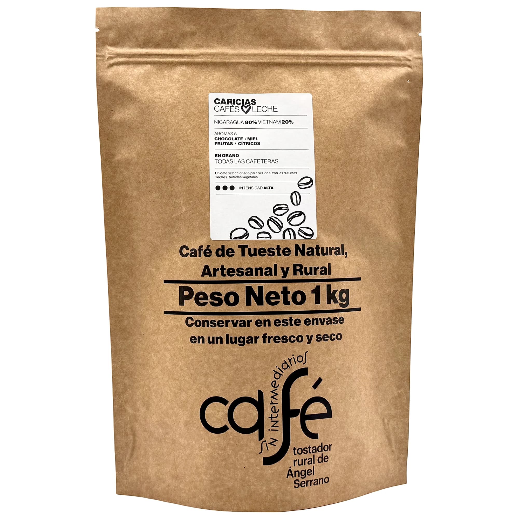 CAFÉ SIN INTERMEDIARIOS - Café de Nicaragua y Vietnam - Caricias - Ideal para combinar con leche - Intensidad de sabor Alta - Recién tostado y envasado - 1 Kg Grano o Molido (Exprés, Filtro, Italiana, Americana, Superautomática)