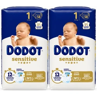Pañales Dodot Sensitive Talla 1 (2-5 kg) Pack Ahorro 116 Unidades (2x58) – Suavidad Extrema + Barrera Stop Fugas