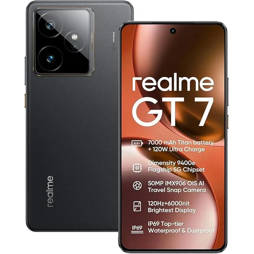 Teléfono - realme GT 7 5G Smartphone,12GB+256GB | 12GB+512GB, MediaTek Dimensity 9400e, Bateria Titan 7000mAh+Carga rápido de120W, Cámara IMX906 con AI Viaje Snap, Pantalla 6000nits Pro-ESports, 360° Ultimo Refrigeración, IP69