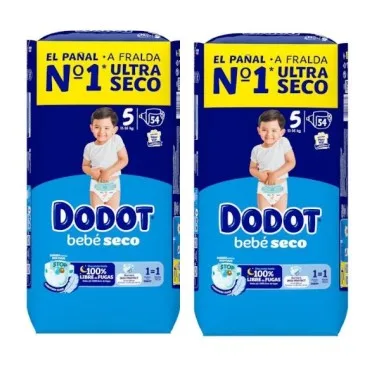 Dodot Bebé-Seco Talla 5 (11-16 kg) Pack Ahorro 108 Pañales (2x54) – Sequedad Duradera y Protección Anti Fugas