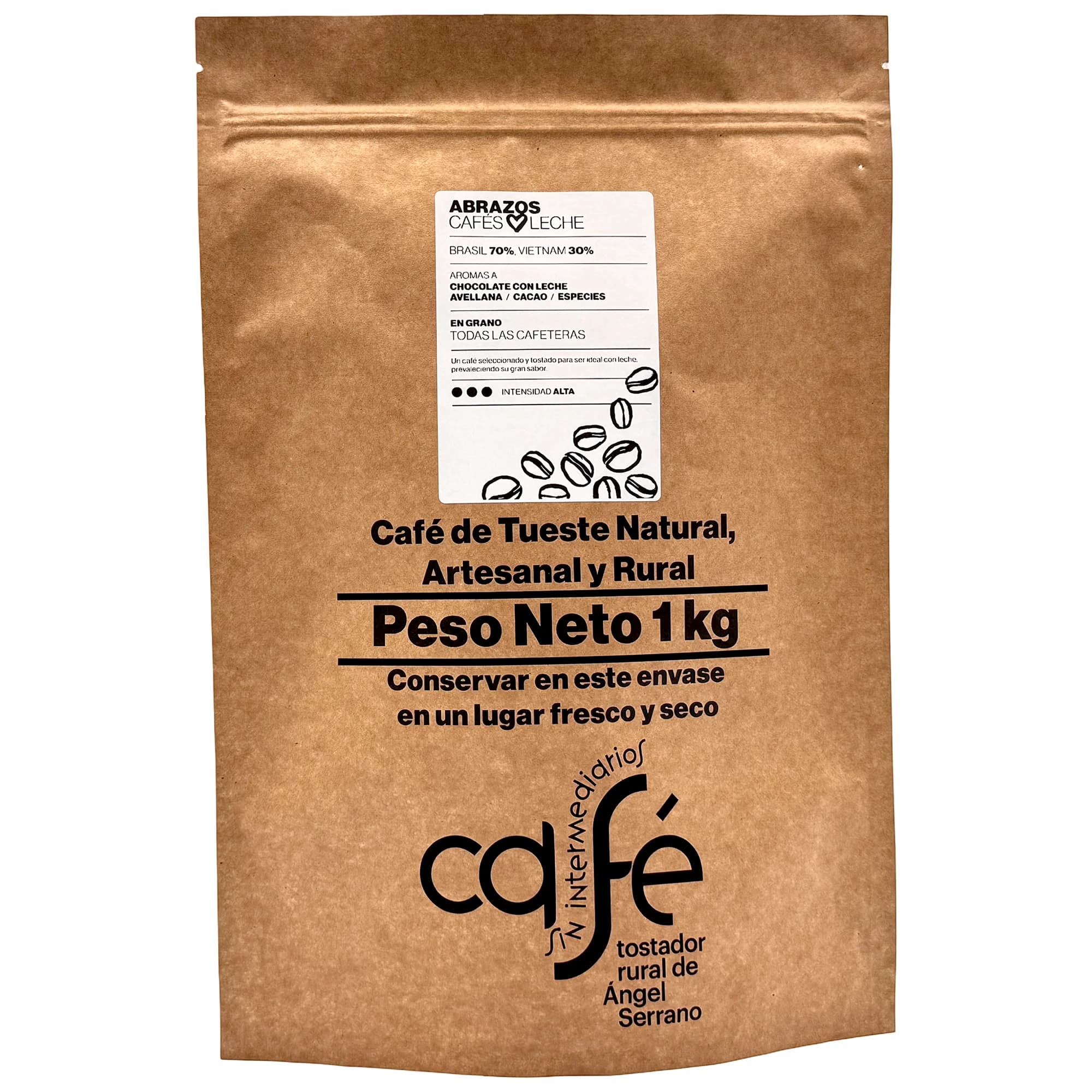 CAFÉ SIN INTERMEDIARIOS - Café de Brasil y Vietnam - Abrazos - Ideal para combinar con leche - Intensidad de sabor Alta - Recién tostado y envasado - 1 Kg Grano o Molido (Exprés, Filtro, Italiana, Americana, Superautomática)
