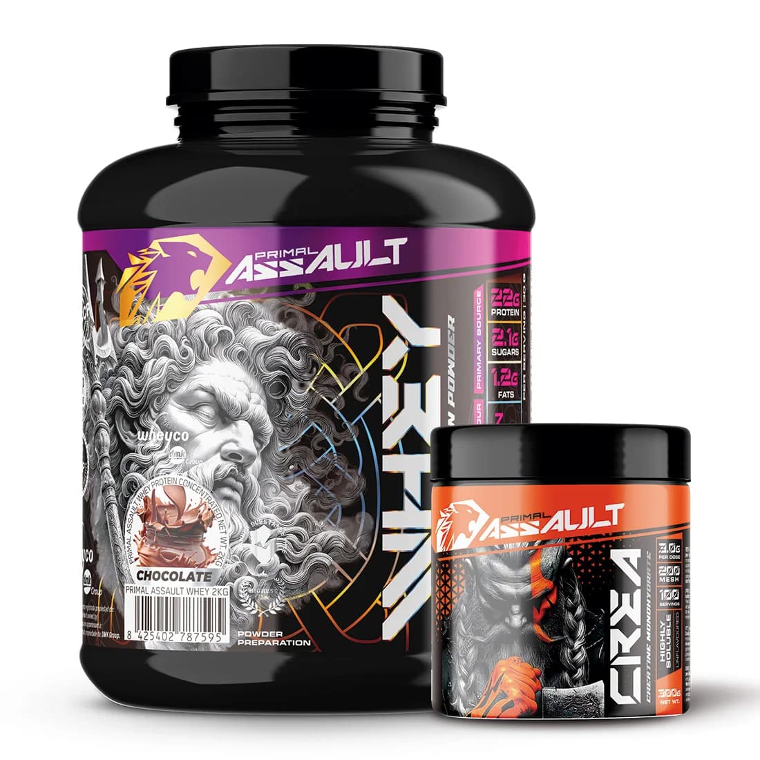 PRIMAL ASSAULT | Pack de Proteina WHEY 2KG + Creatina en Polvo Sin Sabor 300g