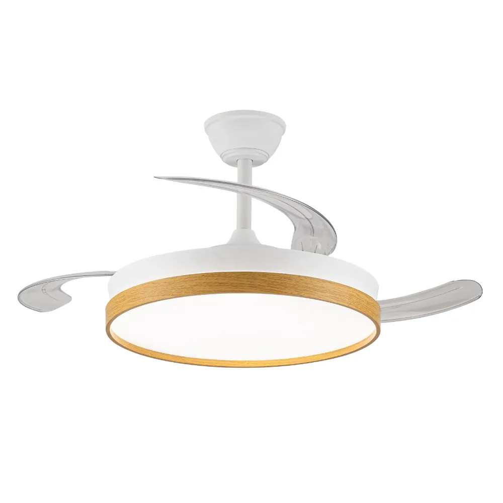 Ventilador de techo modelo SECUOYA blanco/madera motor DC 6 velocidades Tecnología Led 45W sistema CCT 4400 Lúmenes, Control remoto con temporizador, luz regulable en color e intensidad, Memoria motor inverter verano/invierno ultra silencioso