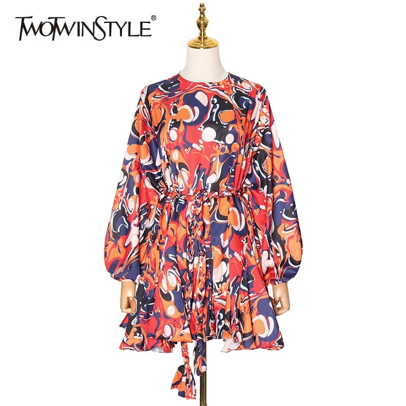TWOTWINSTYLE-minivestido de manga larga con cuello redondo para mujer, vestidos informales estampados de cintura alta con cordones, primavera 2022