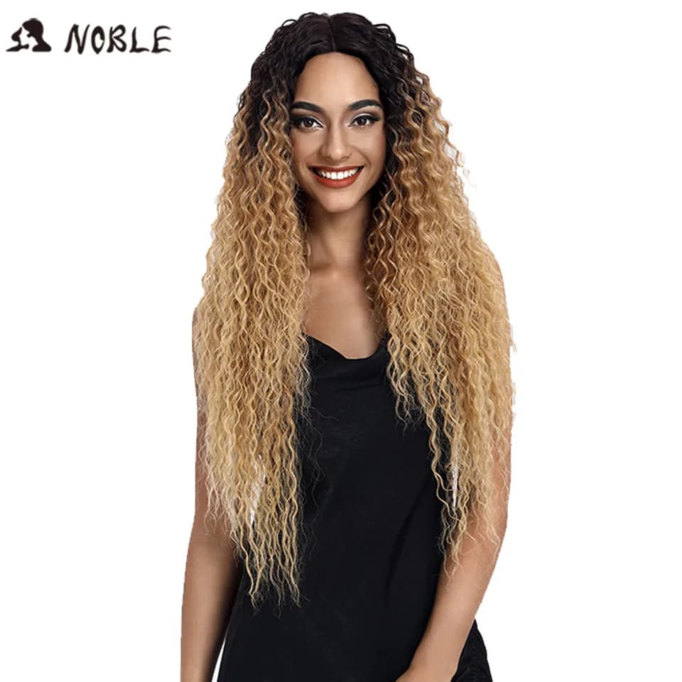 Pelucas de encaje sintético Noble para mujeres negras, con raya en medio, largas de 30 pulgadas, rubias ombré con raíces oscuras, onduladas y resistentes al calor.