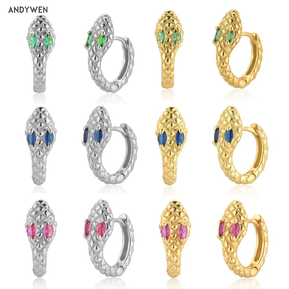 ANDYWEN-pendientes de plata de ley 925 para mujer, aretes de circonia cúbica con ojo colorido de arcoíris, Clips de moda, joyería de serpiente