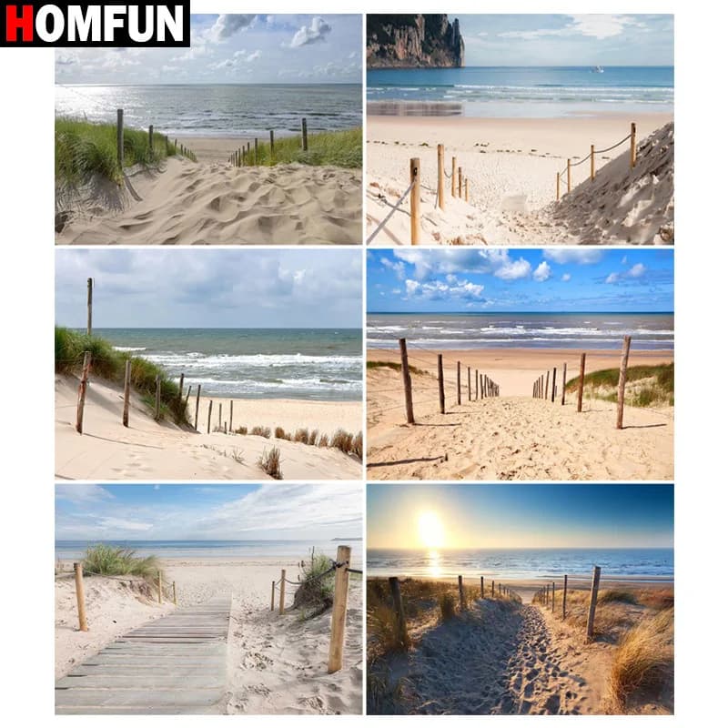 HOMFUN-pintura de diamantes cuadrados/redondos, patrón de "camino de playa y Mar", bordado, punto de cruz, 5D, diamantes de imitación