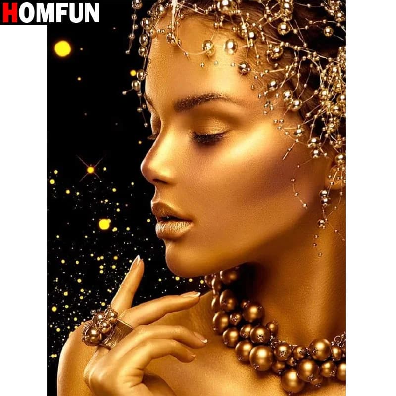 HOMFUN-pintura de diamante redondo/cuadrado completa, cuadro artesanal 5D, "Mujer oro negro", bordado de diamantes 3D, punto de cruz, decoración del hogar, regalo